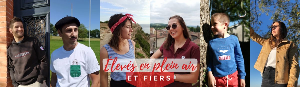 Six personnes à la campagne portant des pièces Mon Petit Clocher